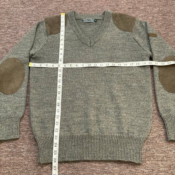 WoolOvers Men's Small Grey Wool Sweater V Neck Jumper With Leather Suede Patches - Picture 7 of 9